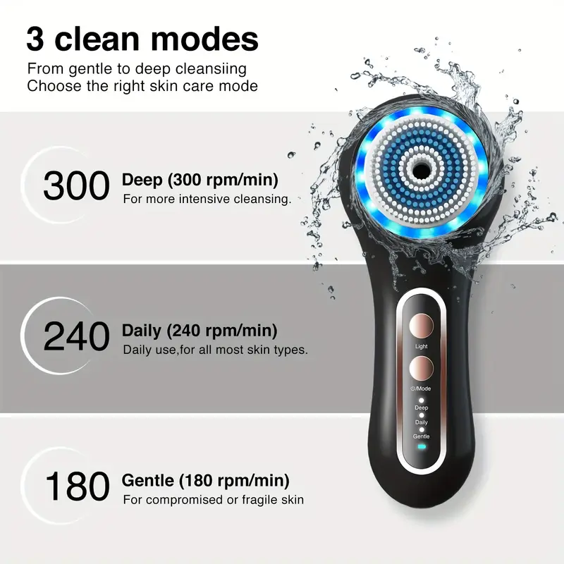 Black rechargeable facial cleansing brush with five interchangeable heads and stand on a clear background — view 4