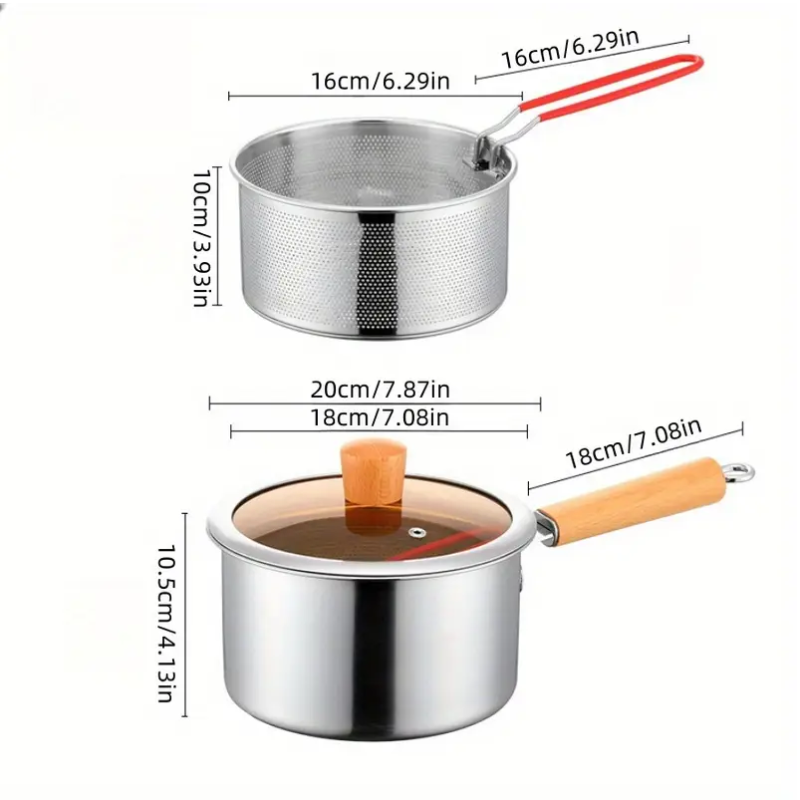 4-in-1 stainless steel cookware set with saucepan, glass lid, and deep frying mesh basket — view 5