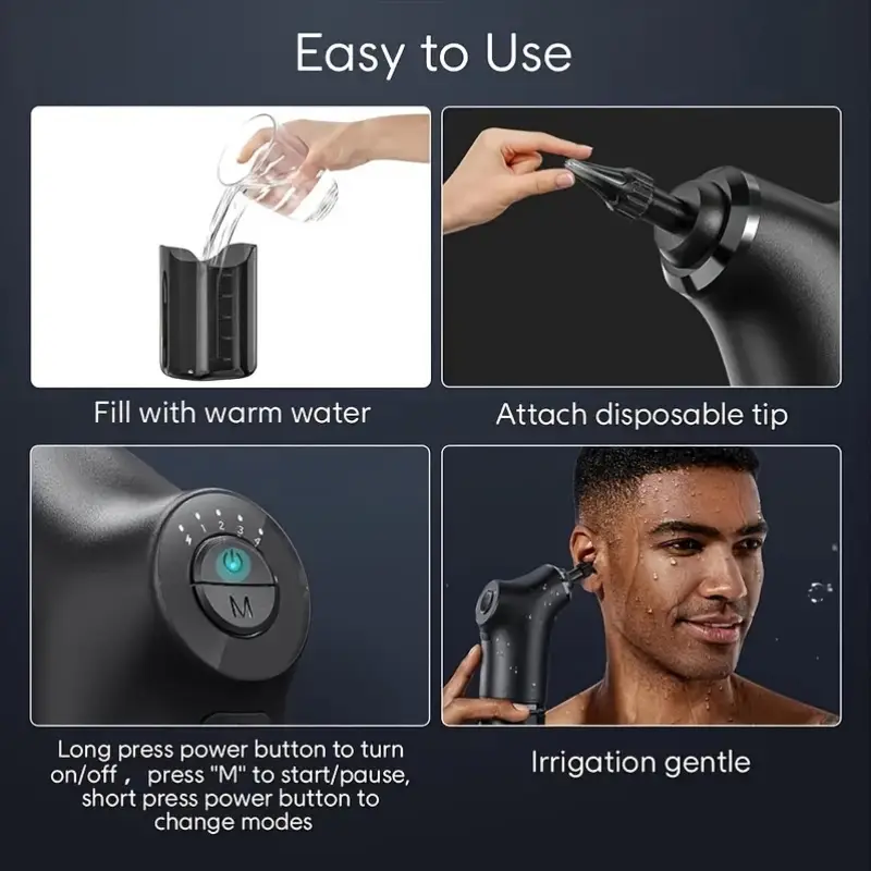 Electric ear wax removal kit in black with interchangeable spray nozzles and water tank — view 5