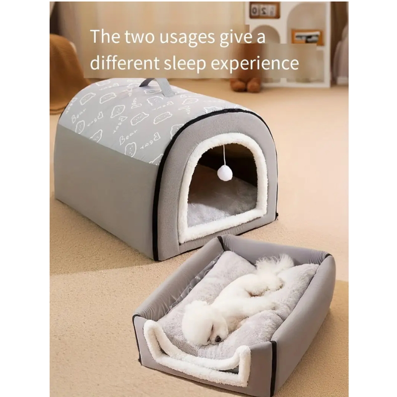 Warm enclosed dog bed in rich brown with cartoon pattern, spacious plush cave for pet comfort — view 2