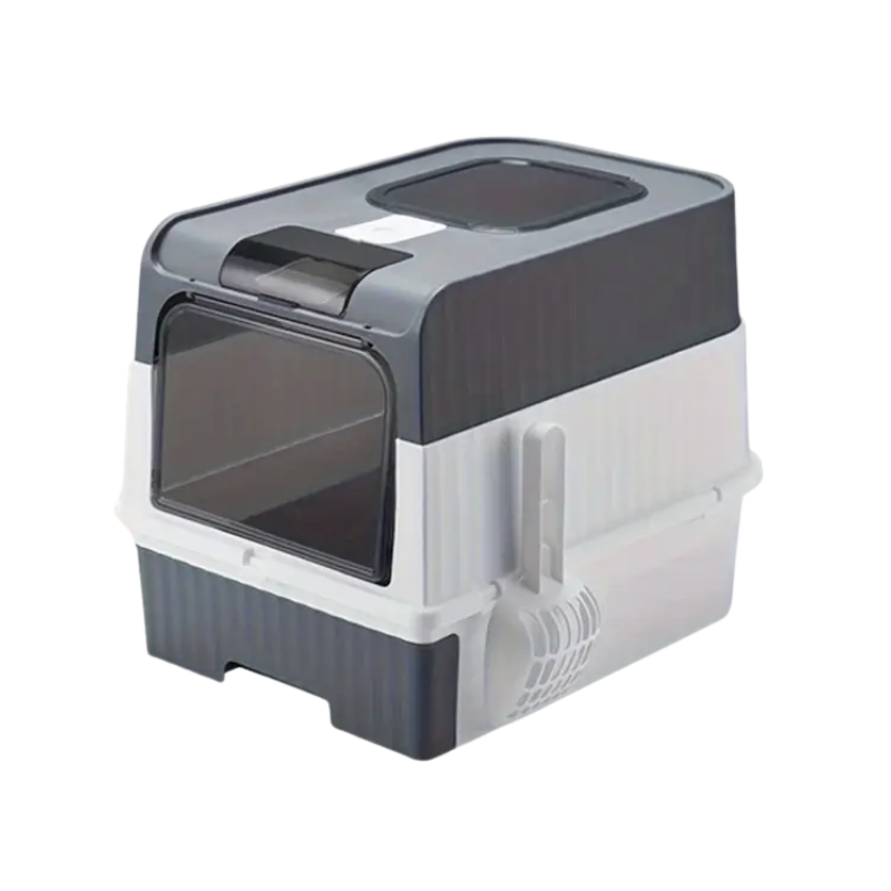 Extra large gray enclosed cat litter box with dual entry design and built-in cleaning scoop