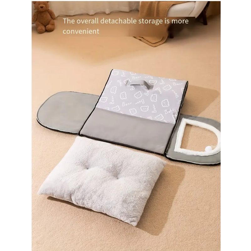 Warm enclosed dog bed in rich brown with cartoon pattern, spacious plush cave for pet comfort — view 3