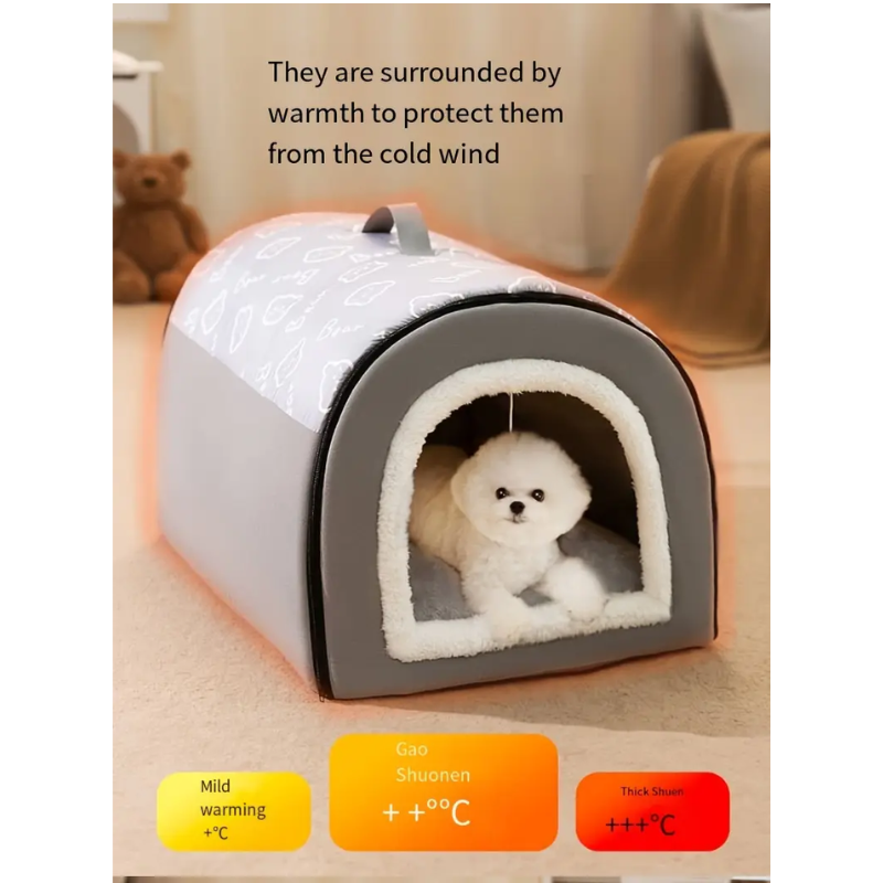 Warm enclosed dog bed in rich brown with cartoon pattern, spacious plush cave for pet comfort — view 4