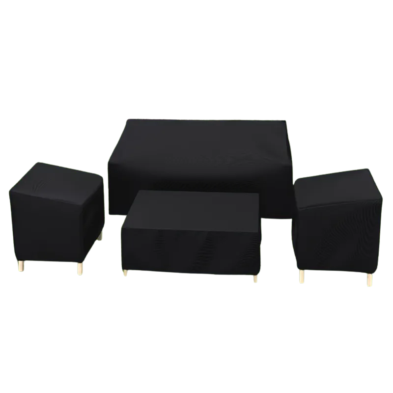 Black 4-piece waterproof polyester patio furniture cover set with adjustable drawstring closures.