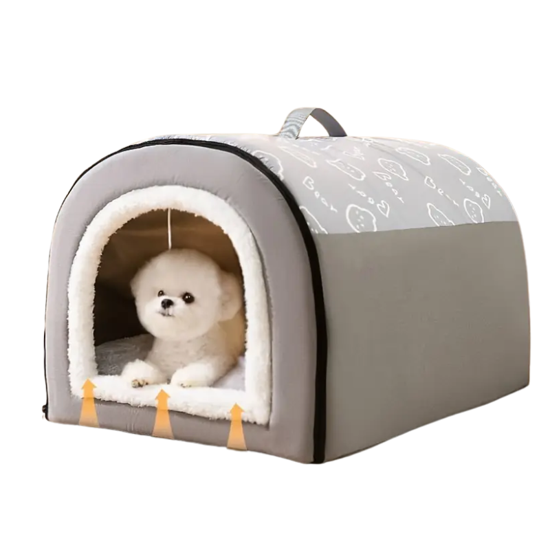 Warm enclosed dog bed in rich brown with cartoon pattern, spacious plush cave for pet comfort