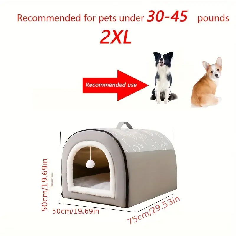 Warm enclosed dog bed in rich brown with cartoon pattern, spacious plush cave for pet comfort — view 5