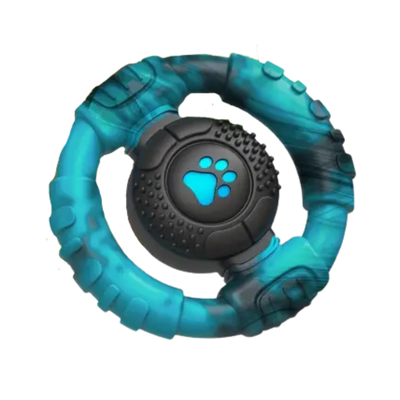 Blue steering wheel dog chew toy made of durable nylon for aggressive chewers and teething