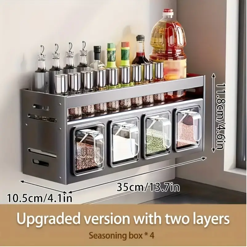Wall-mounted aluminum spice rack in dark grey with clear storage jars on a kitchen wall — view 5