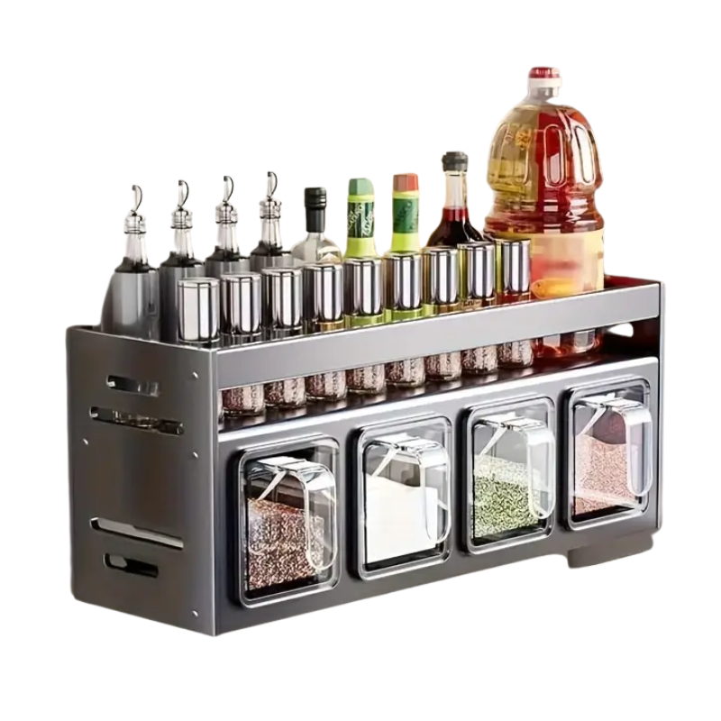 Wall-mounted aluminum spice rack in dark grey with clear storage jars on a kitchen wall