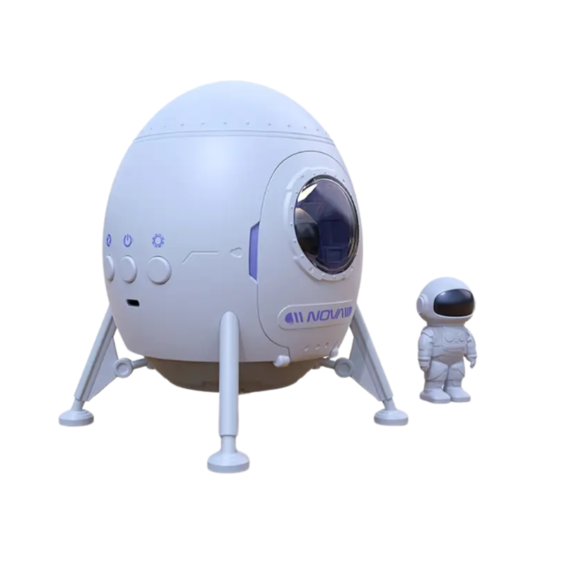 Astronaut galaxy projector night light made of white plastic featuring magnetic figures and lunar mat