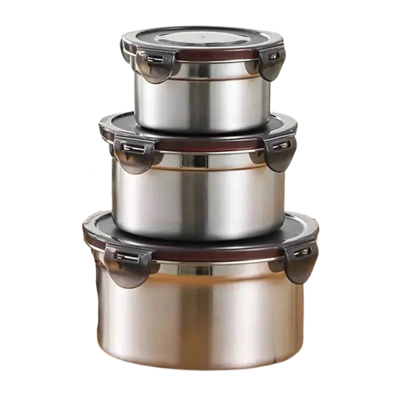 Three round stainless steel food storage containers with black leakproof clip-on lids
