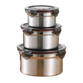Three round stainless steel food storage containers with black leakproof clip-on lids