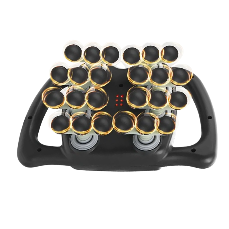 Dark gray deep tissue percussion massage gun with 24 interchangeable heads for muscle recovery.