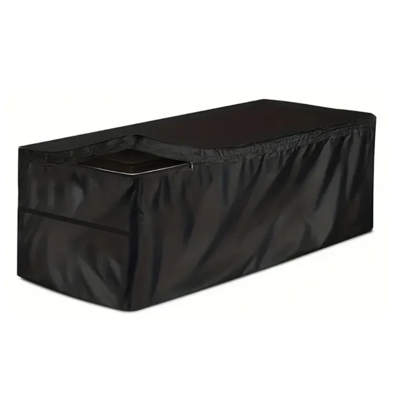 Black deck box cover made of waterproof 210D fabric protecting a rectangular outdoor patio storage unit