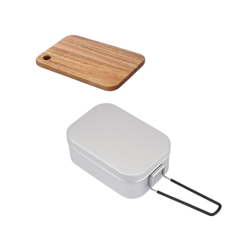 Square aluminum lunch box set with wooden cutting board lid, steamer rack, and built-in handle