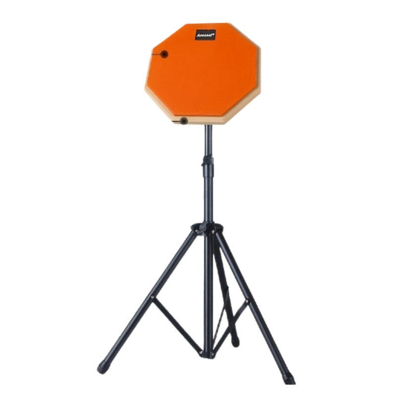Orange 8-inch wooden drum practice pad with high-density silicone surface and mounting bracket