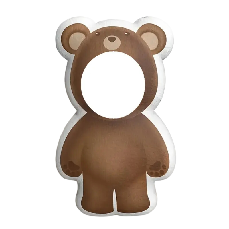 Custom bear face plush pillow with personalized photo detailing crafted from soft mixed color woven polyester