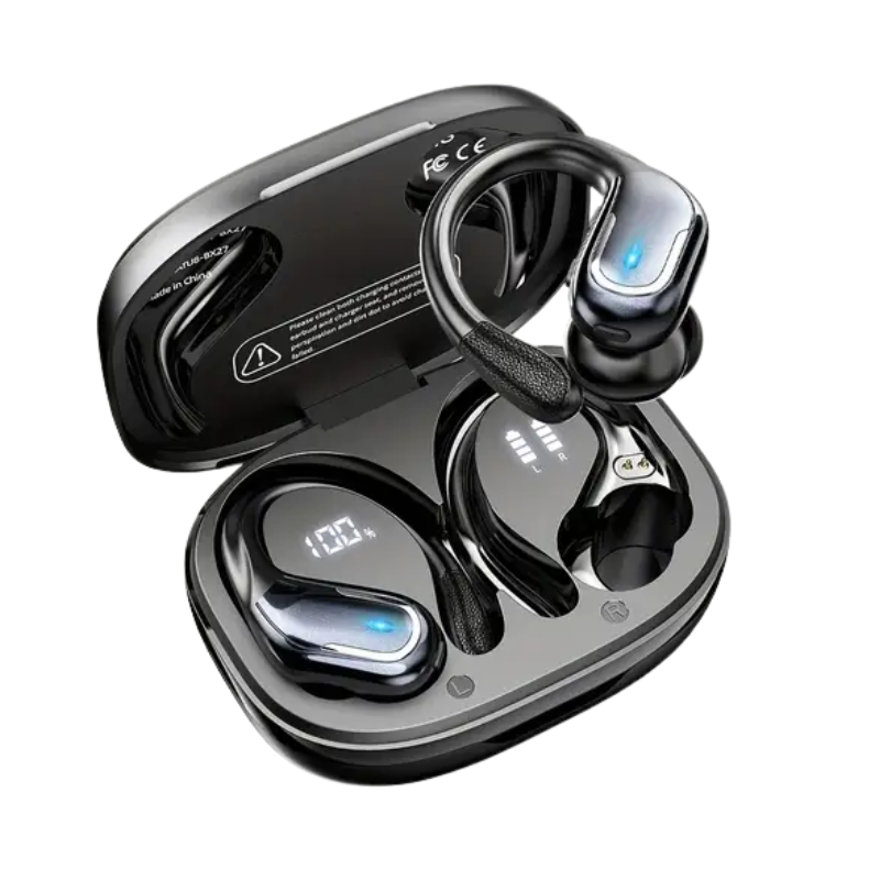 NNETM wireless sport earbuds inside a compact LED display charging case