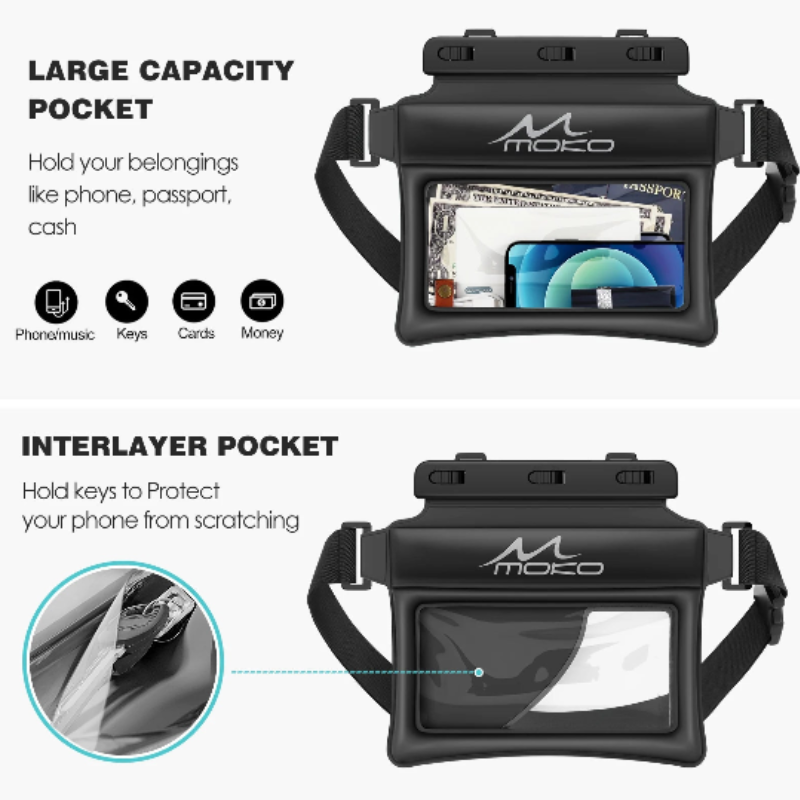 Black waterproof floating phone pouch dry bag made of TPU with clear touch screen window — view 3