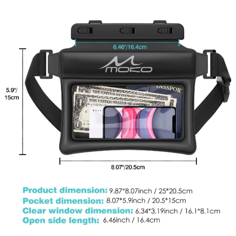 Black waterproof floating phone pouch dry bag made of TPU with clear touch screen window — view 2