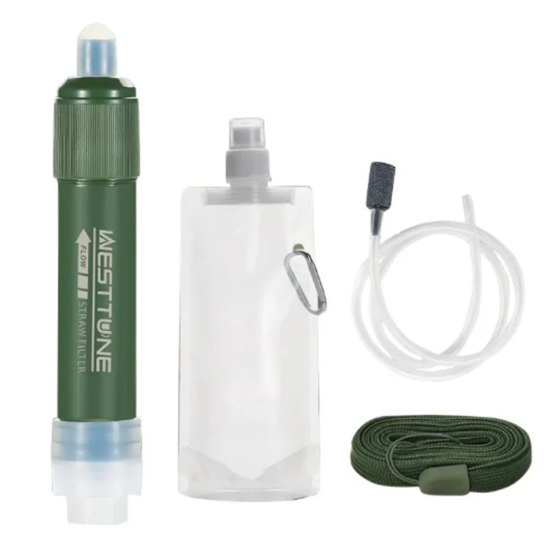 Green portable outdoor mini water filter straw set for camping and emergency survival hydration