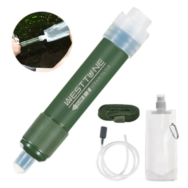 Green portable outdoor mini water filter straw set for camping and emergency survival hydration — view 5