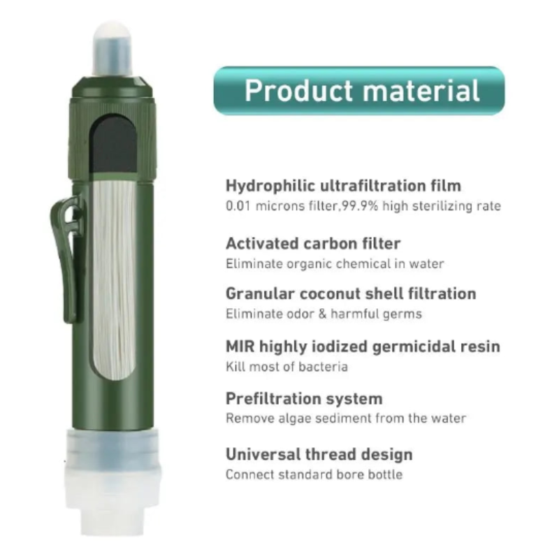 Green portable outdoor mini water filter straw set for camping and emergency survival hydration — view 4