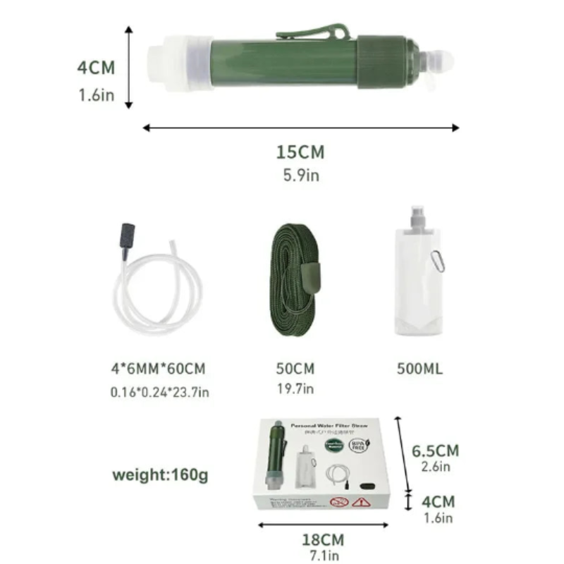 Green portable outdoor mini water filter straw set for camping and emergency survival hydration — view 3