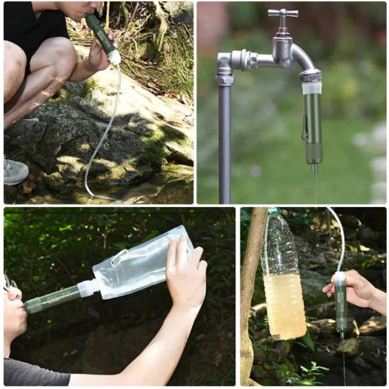 Green portable outdoor mini water filter straw set for camping and emergency survival hydration — view 2