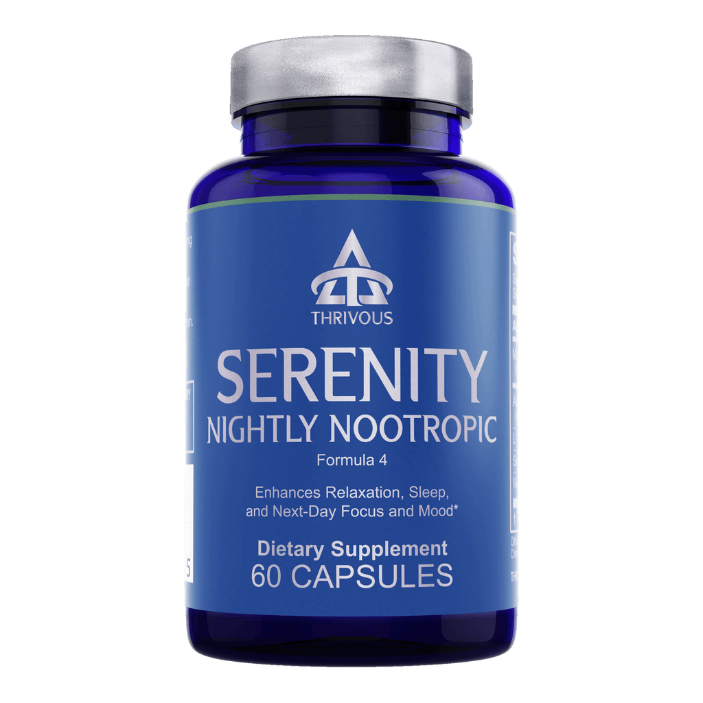 Serenity Nightly Nootropic sleep supplement bottle containing sixty vegetarian capsules with natural calming ingredients