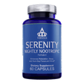 Serenity Nightly Nootropic sleep supplement bottle containing sixty vegetarian capsules with natural calming ingredients