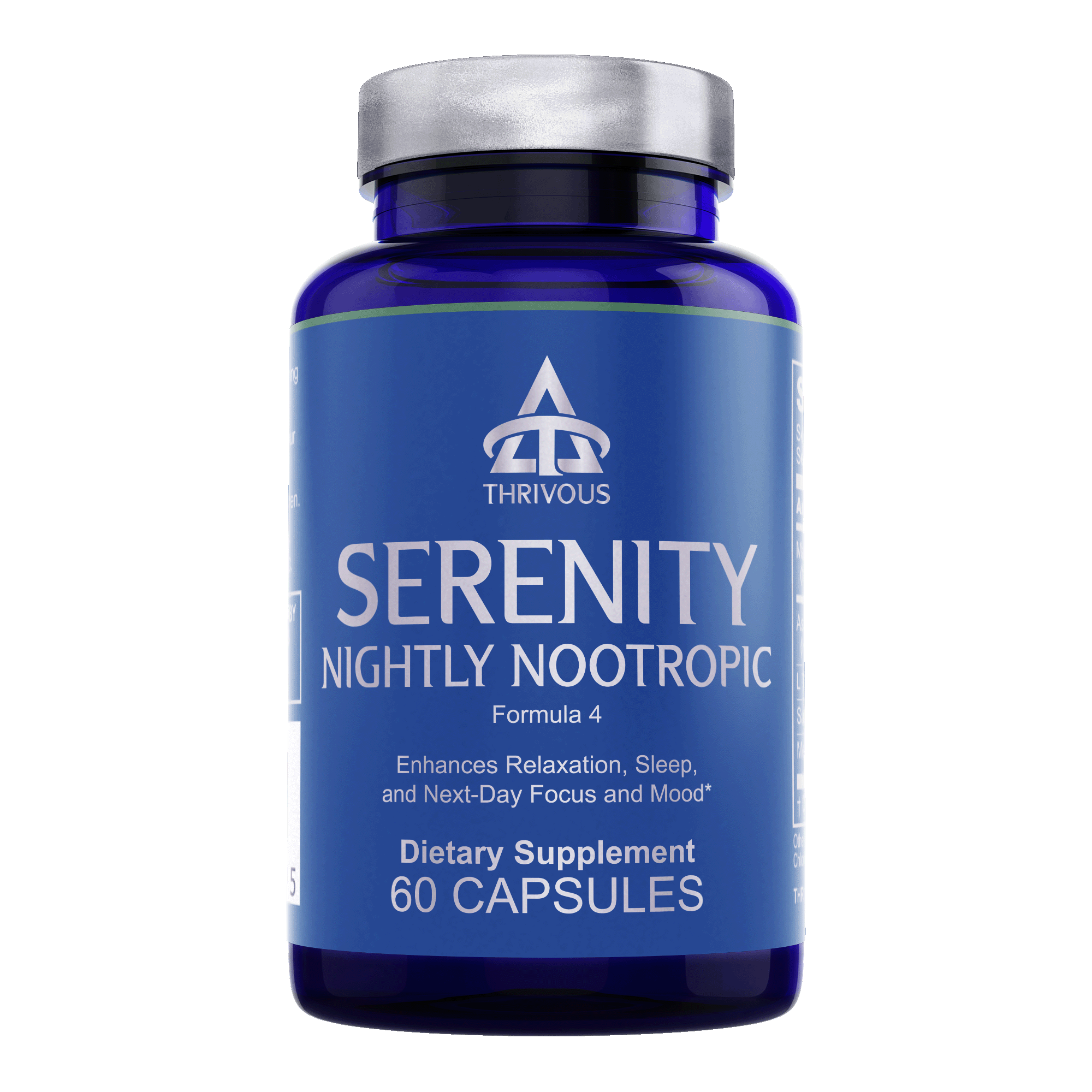 Serenity Nightly Nootropic sleep supplement bottle containing sixty vegetarian capsules with natural calming ingredients