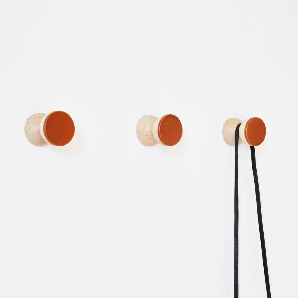 Geometric Beech Wood & Ceramic Wall Mounted Coat Hook / Knob - Dark Terracotta Orange-2