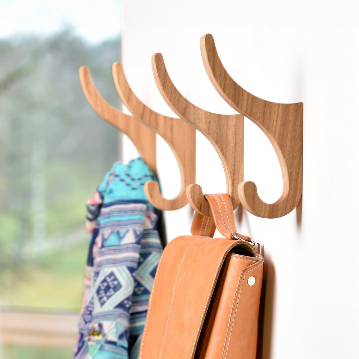 Set of 2 Wooden Wall Hooks for Storage Organization, Oak-0