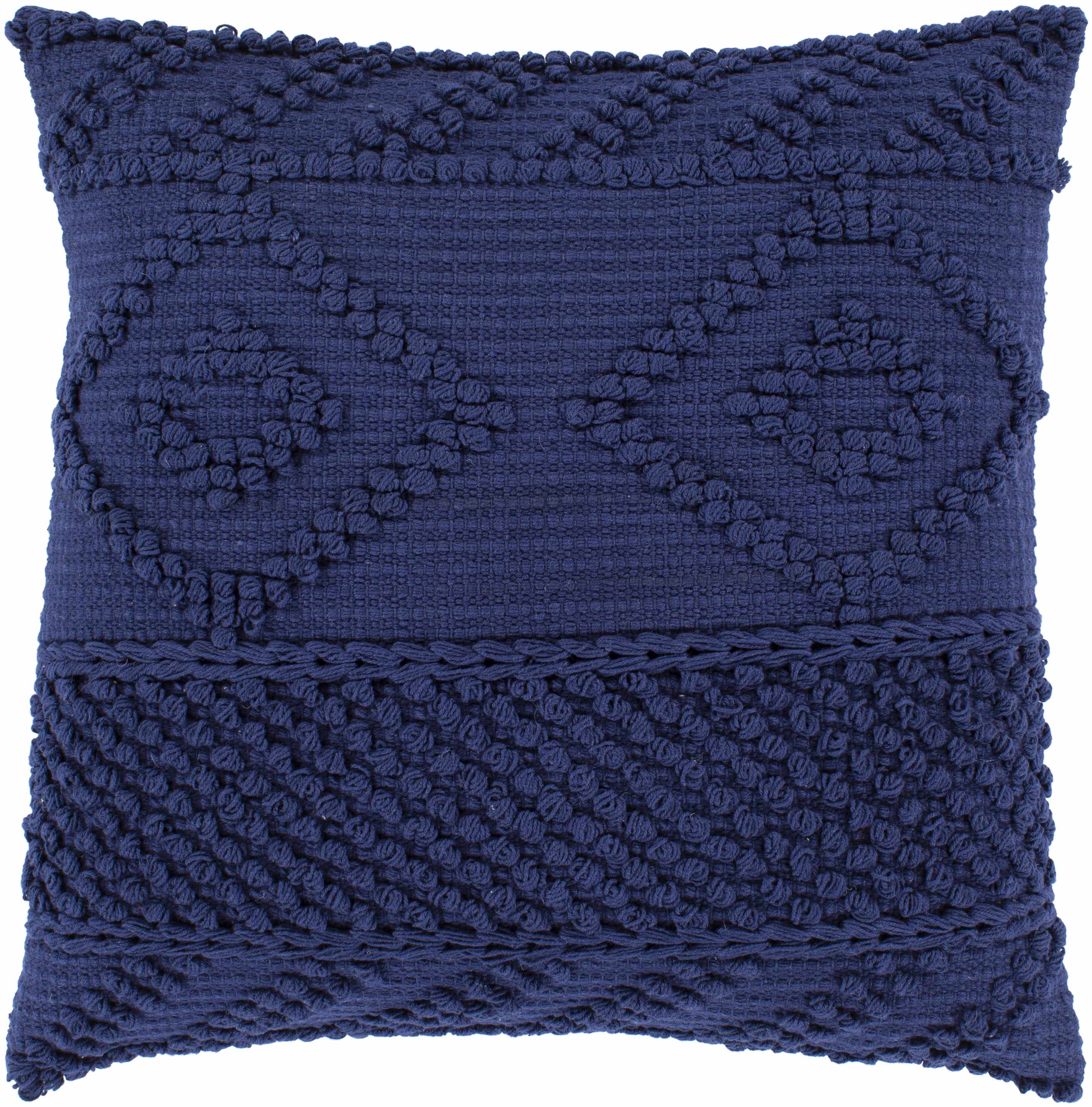 Square navy blue hand woven cotton throw pillow cover for transitional style home decor