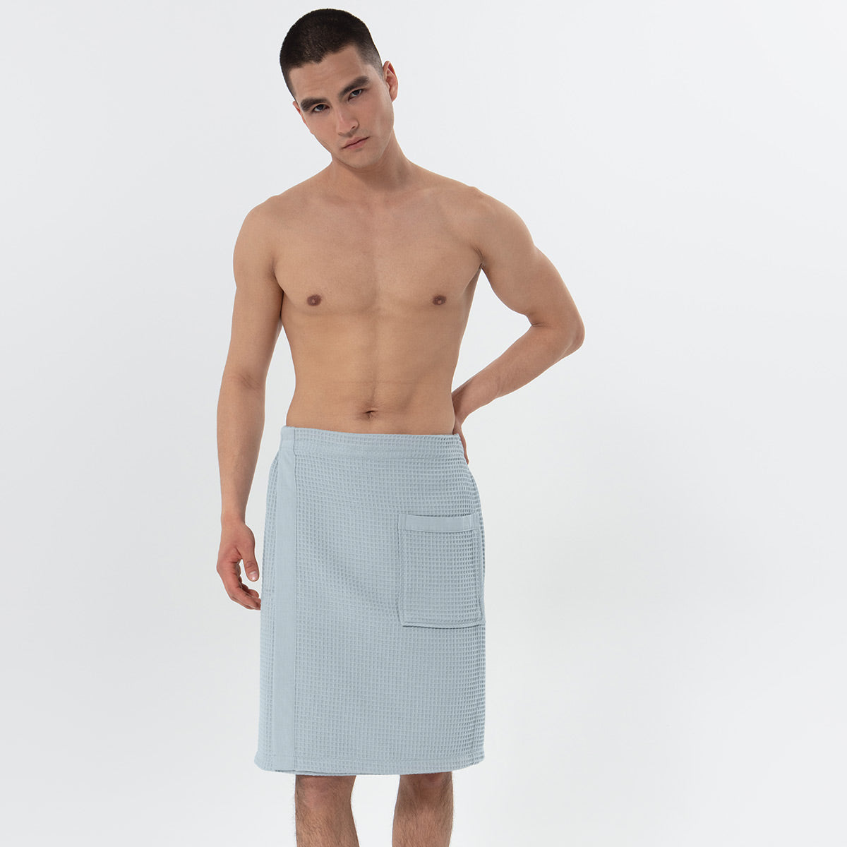 Mens organic Turkish cotton waffle towel wrap with front pocket and adjustable closure