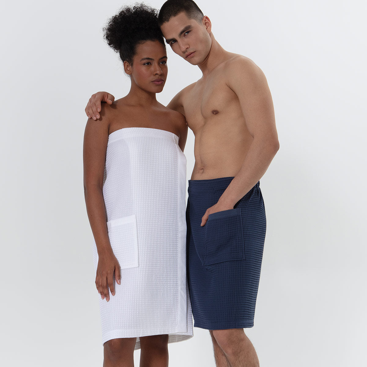 Women's organic Turkish cotton waffle towel wrap with adjustable closure and front pocket — view 5