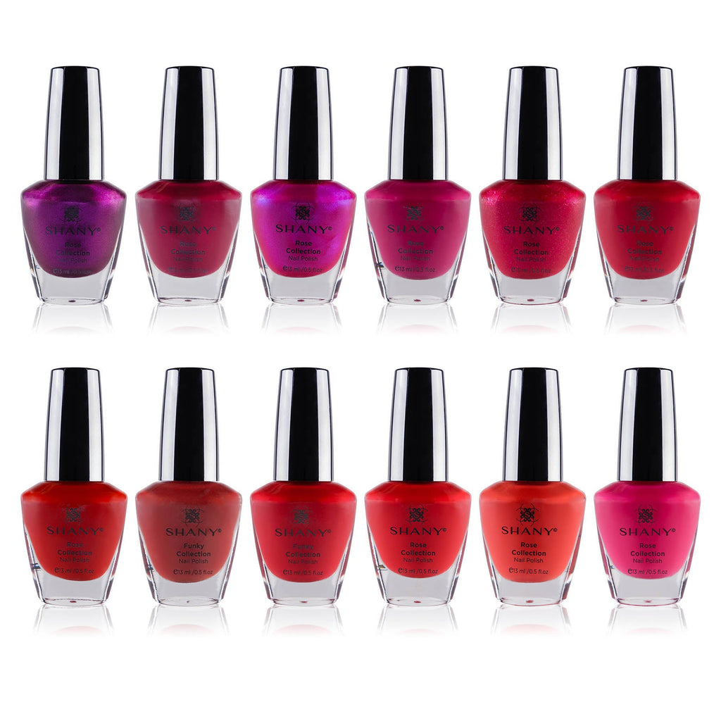 Twelve piece trendy nail polish set featuring vibrant multi colored glass bottles with assorted finishes