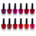 Twelve piece trendy nail polish set featuring vibrant multi colored glass bottles with assorted finishes
