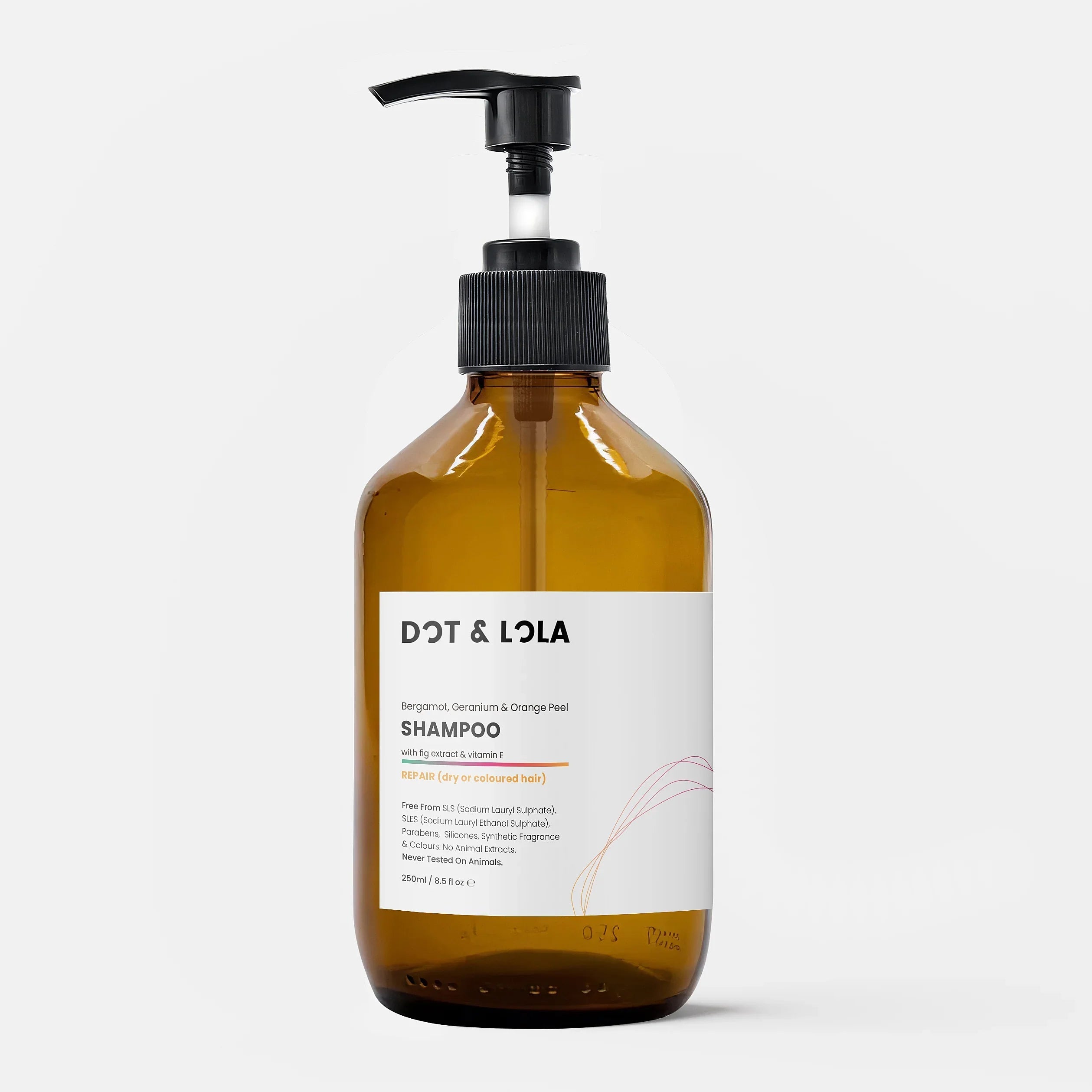 Plant-based repair shampoo bottle for dry and damaged hair, featuring natural orange and bergamot extracts — view 2
