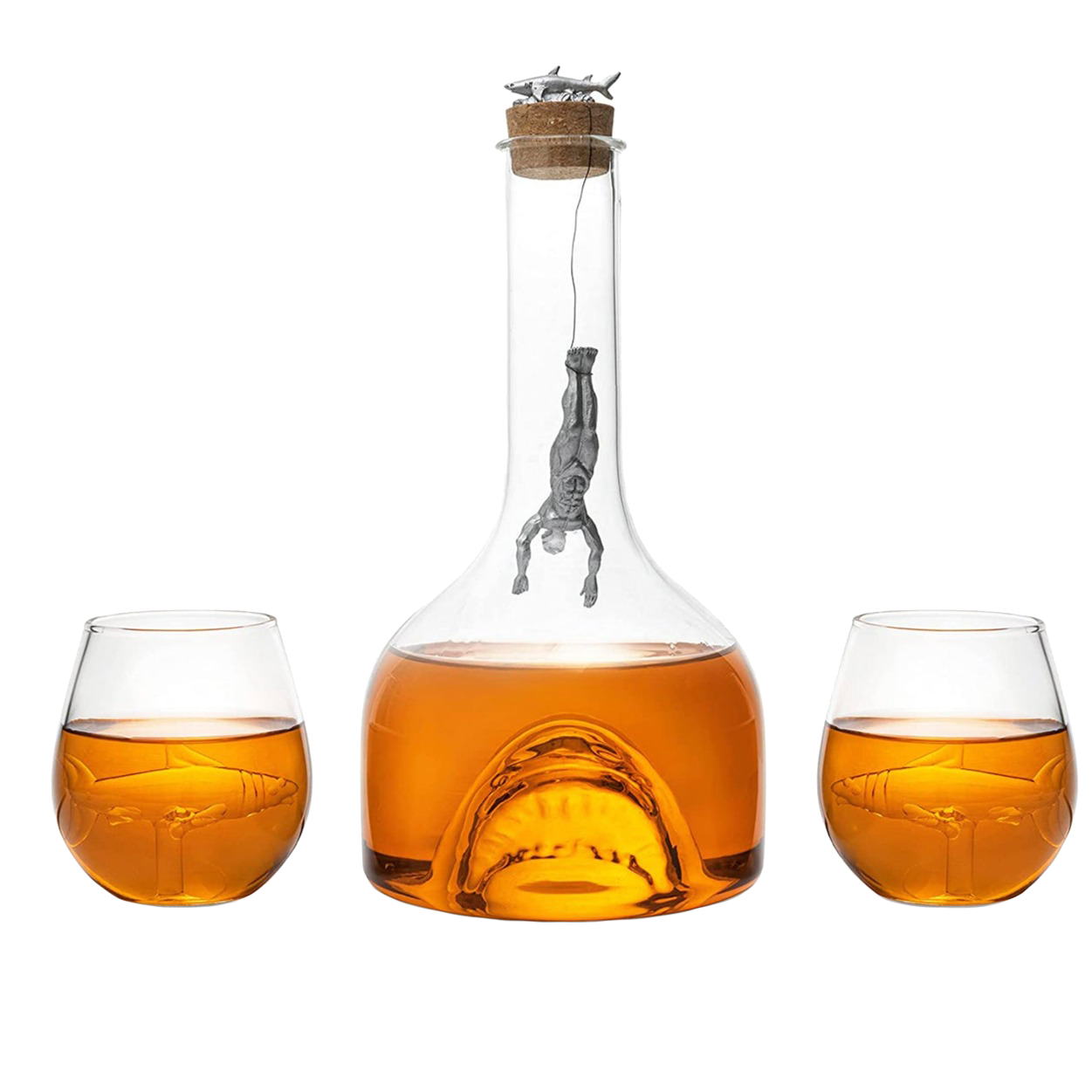 Clear 1000ml shark whiskey decanter set with two rocks glasses and hand-blown internal glass shark sculpture