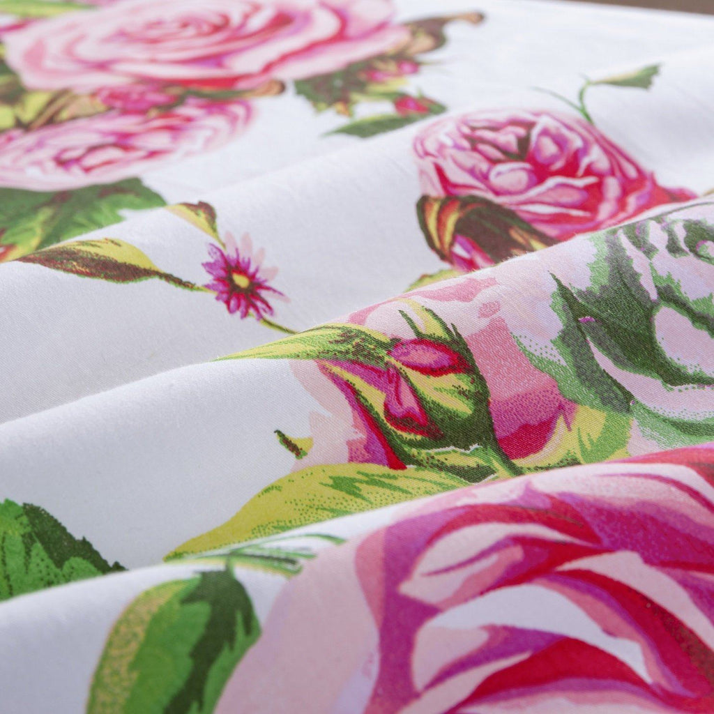 Romantic roses sheet set in pink floral print featuring flat sheet fitted sheet and pillowcases — view 4