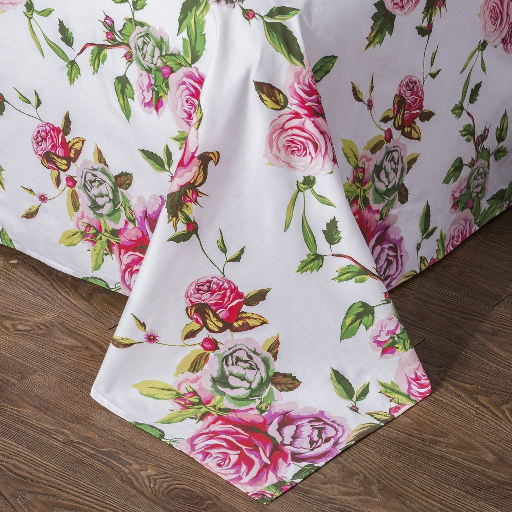 Romantic roses sheet set in pink floral print featuring flat sheet fitted sheet and pillowcases — view 5