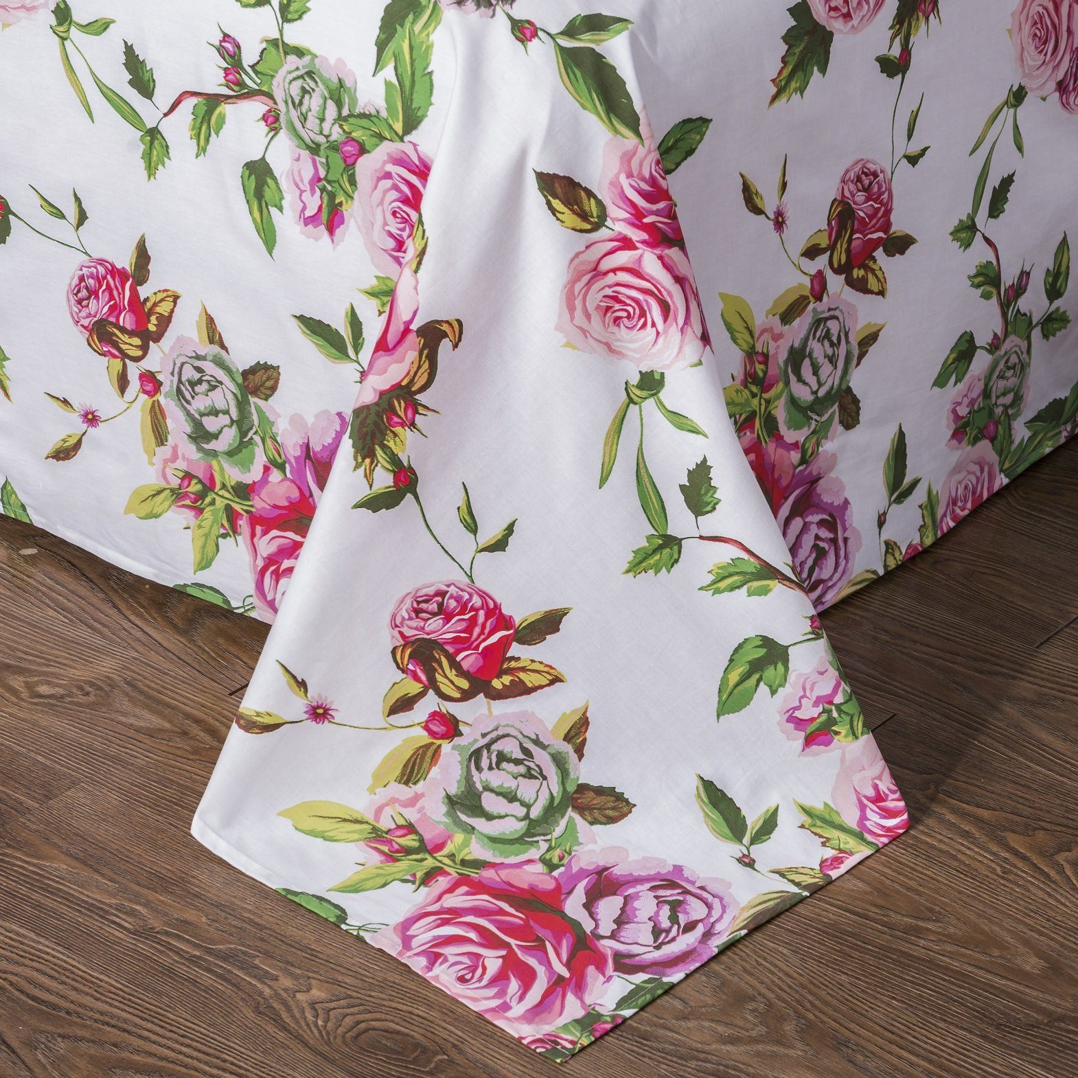 Romantic roses sheet set in pink floral print featuring flat sheet fitted sheet and pillowcases — view 5