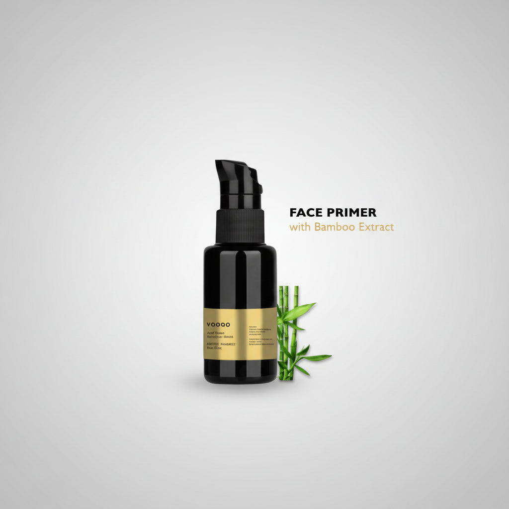 Vooqo organic face primer bottle, a pore-refining makeup base for a smooth and radiant finish