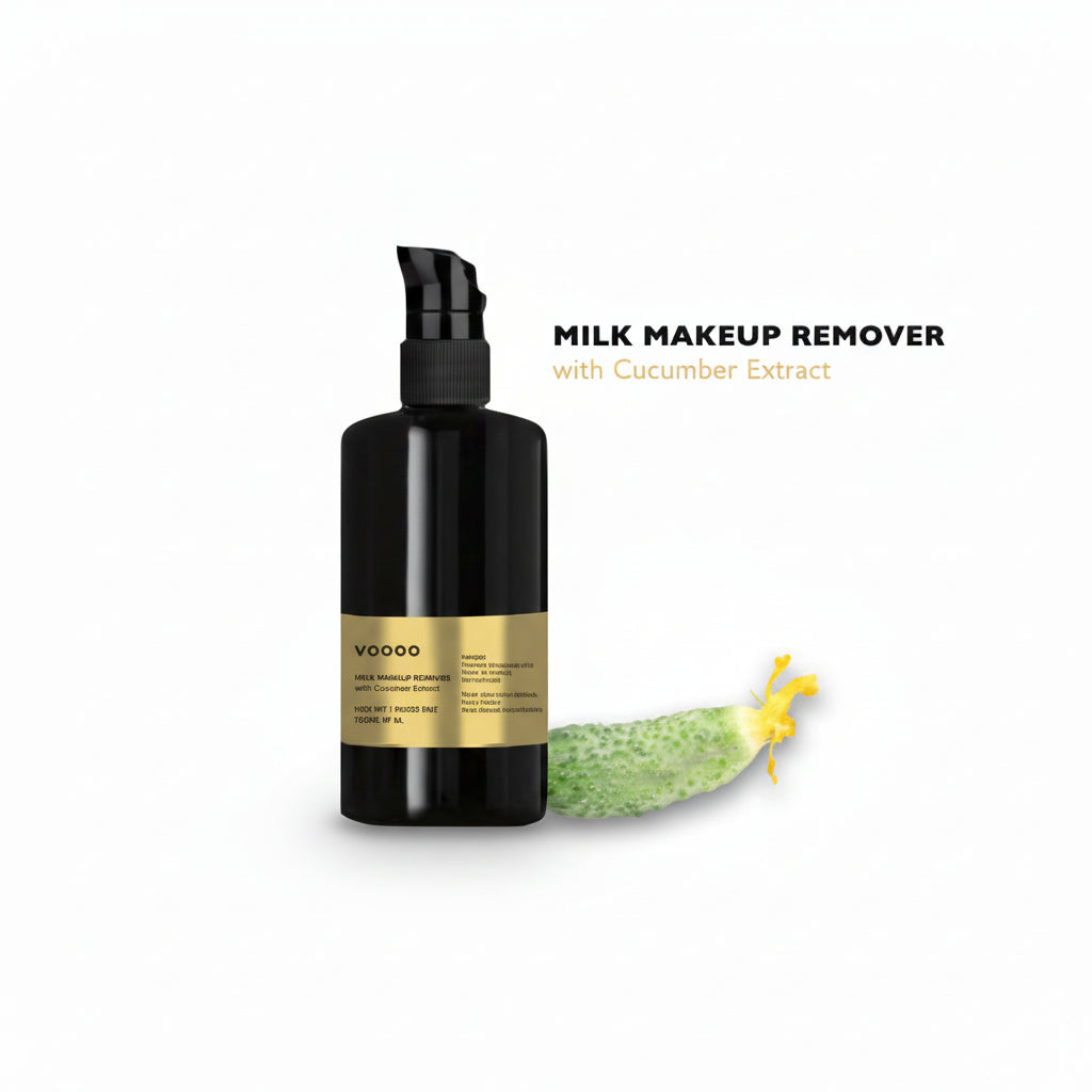 Bottle of Vooqo gentle milk makeup remover and hydrating face cleanser for sensitive skin.