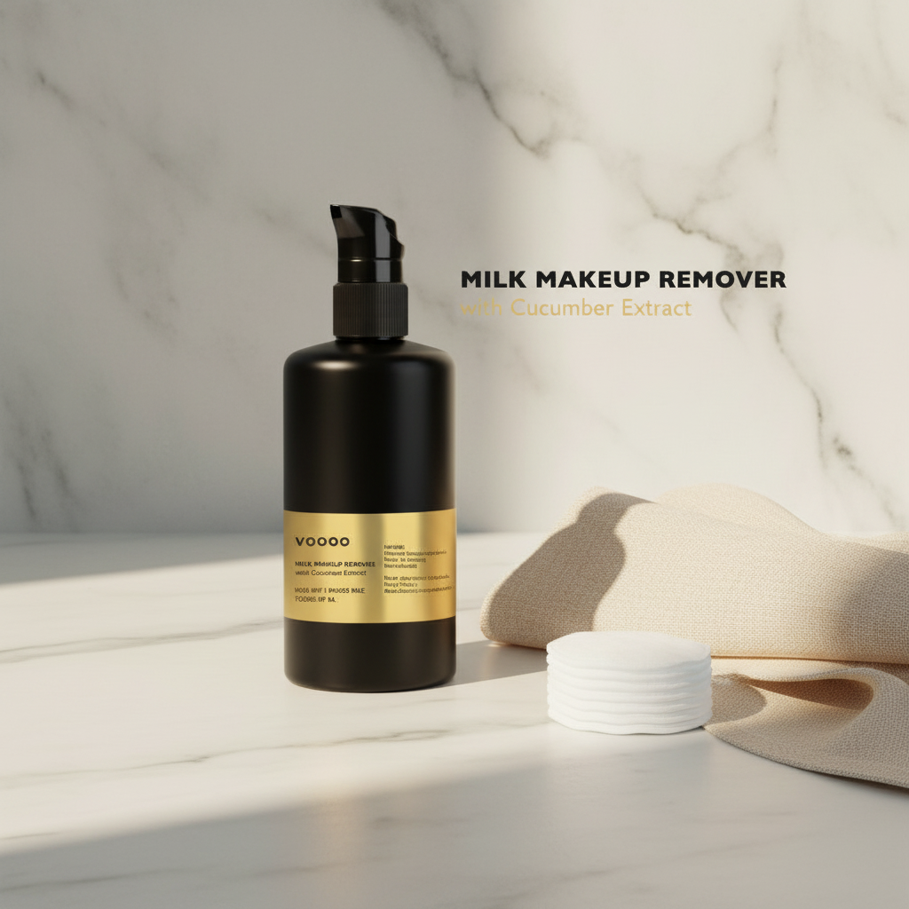 Bottle of Vooqo gentle milk makeup remover and hydrating face cleanser for sensitive skin. — view 4