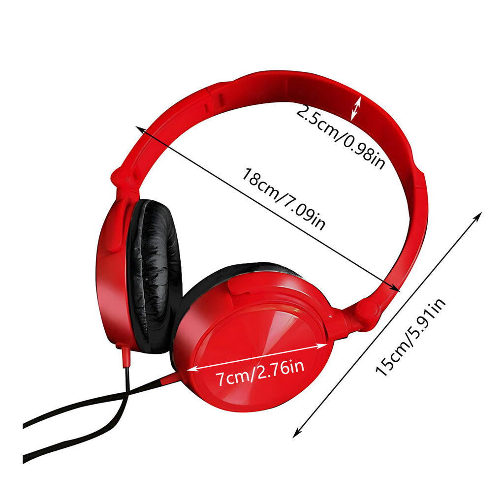 Red and black wired on-ear headphones with foldable design and adjustable telescopic headband — view 3