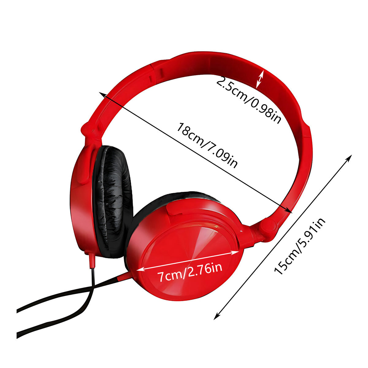 Red and black wired on-ear headphones with foldable design and adjustable telescopic headband — view 3