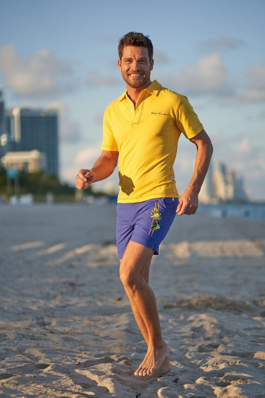 Electric blue Sicily lemon embroidered swim shorts with elastic waistband and drawstring for men — view 4